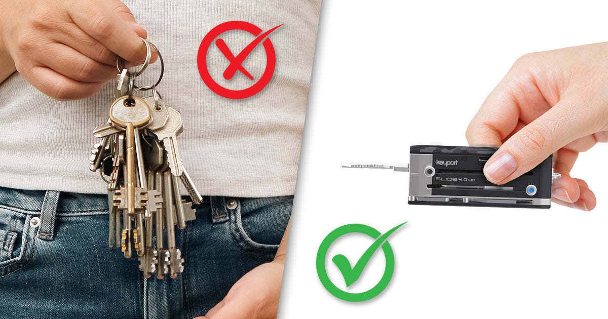 Common keychain mistake: an overloaded ring of loose keys versus a slim Keyport key organizer