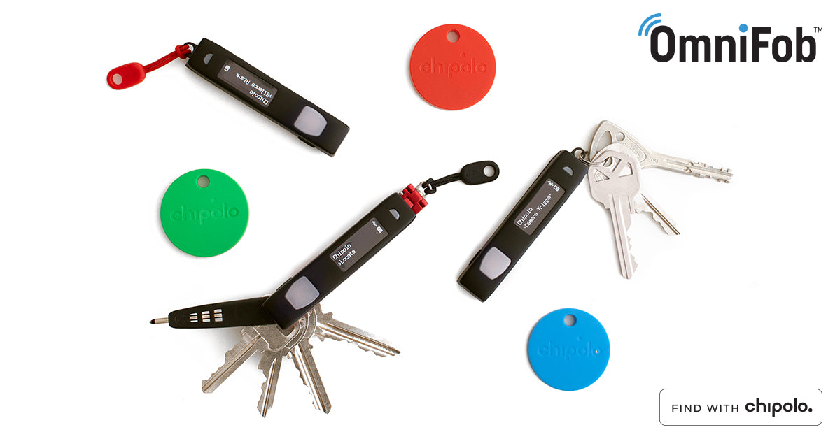 Keyport OmniFob smart key fobs on keychains with red, green and blue Chipolo Bluetooth trackers