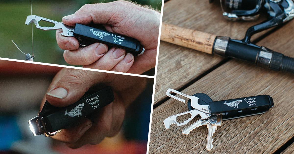 Limited Edition Gowings Whale Trust x Keyport Essential Carry Bundle includes a Keyport Pivot 2.0, Custom GWT Faceplate, Pocket Flare Mini-Flashlight, 10-in-1 MOCA Multi-Tool, RuSH Tool, and KeyportID Lost & Found Card.