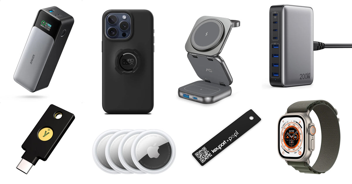 EDC tech gadgets flat lay: power bank, phone case, charging stand, USB-C hub, YubiKey, Bluetooth trackers and smartwatch