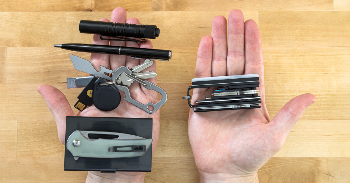 Similar utility, different form factor: Everyday carry items (keychain, pen, flashlight, pocket knife) vs. compact & lightweight Keyport Pivot 2.0 modular key organizer