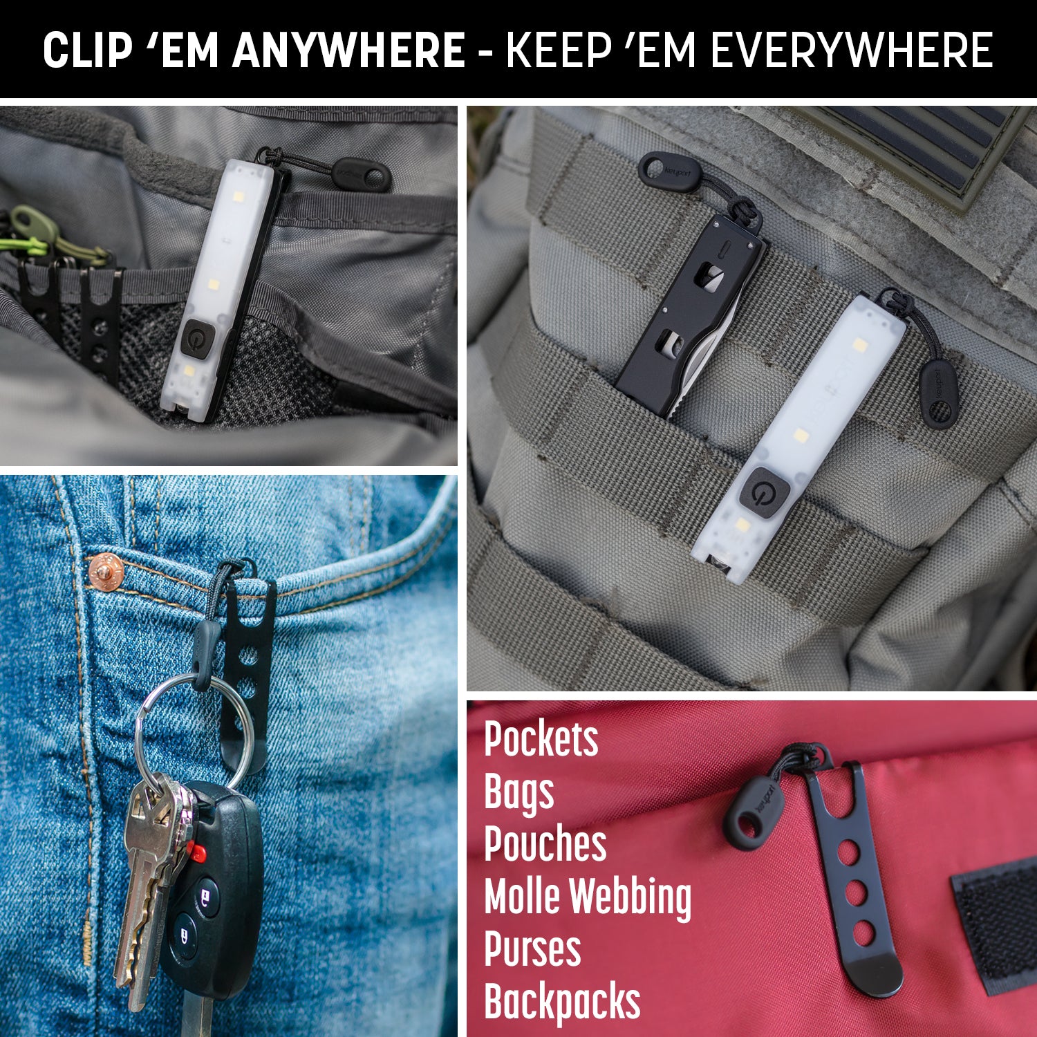 With the Module Pocket Clip, you can clip your Keyport Pocket Flare 2.0 mini-flashlight onto bags, backpacks, molle, & more