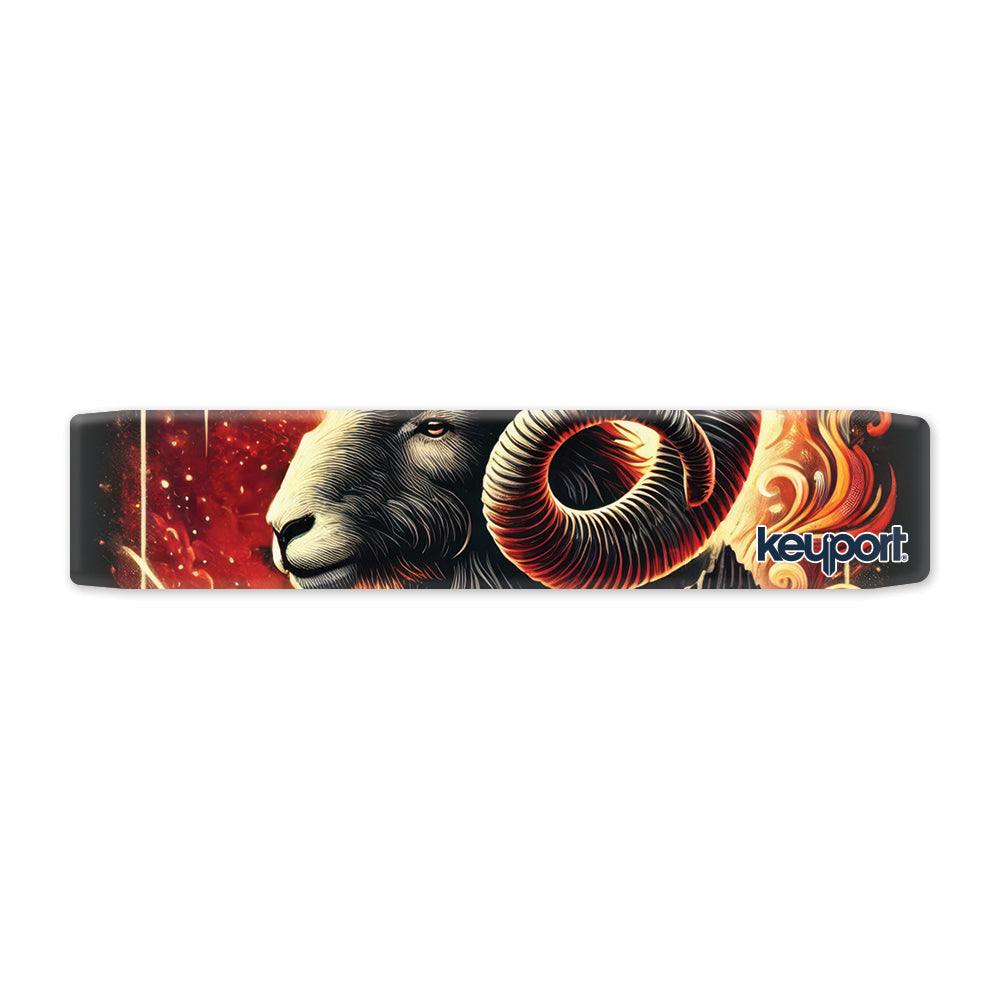 Keyport Aries Zodiac Faceplate: black-faced ram with spiraling crimson horns against red embers and gold flame