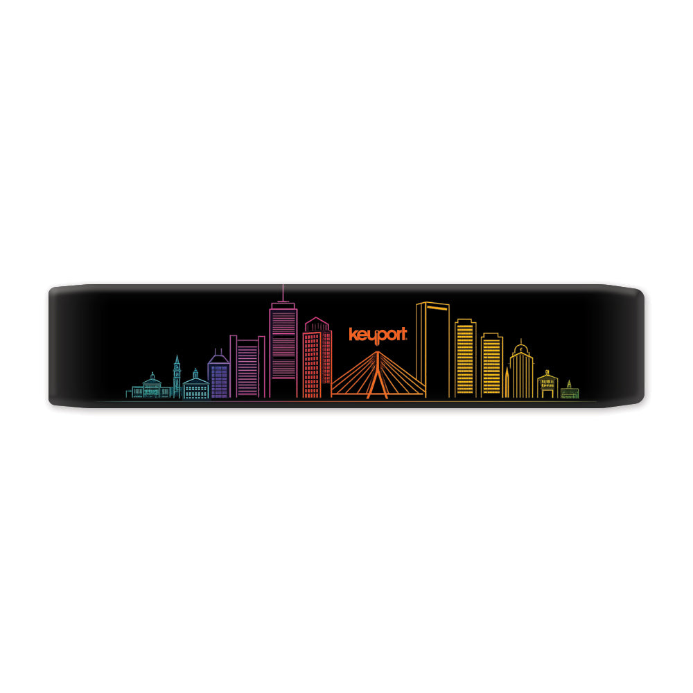 Boston Skyline Faceplate Scale design featuring vibrant skyline silhouettes on a sleek black surface.