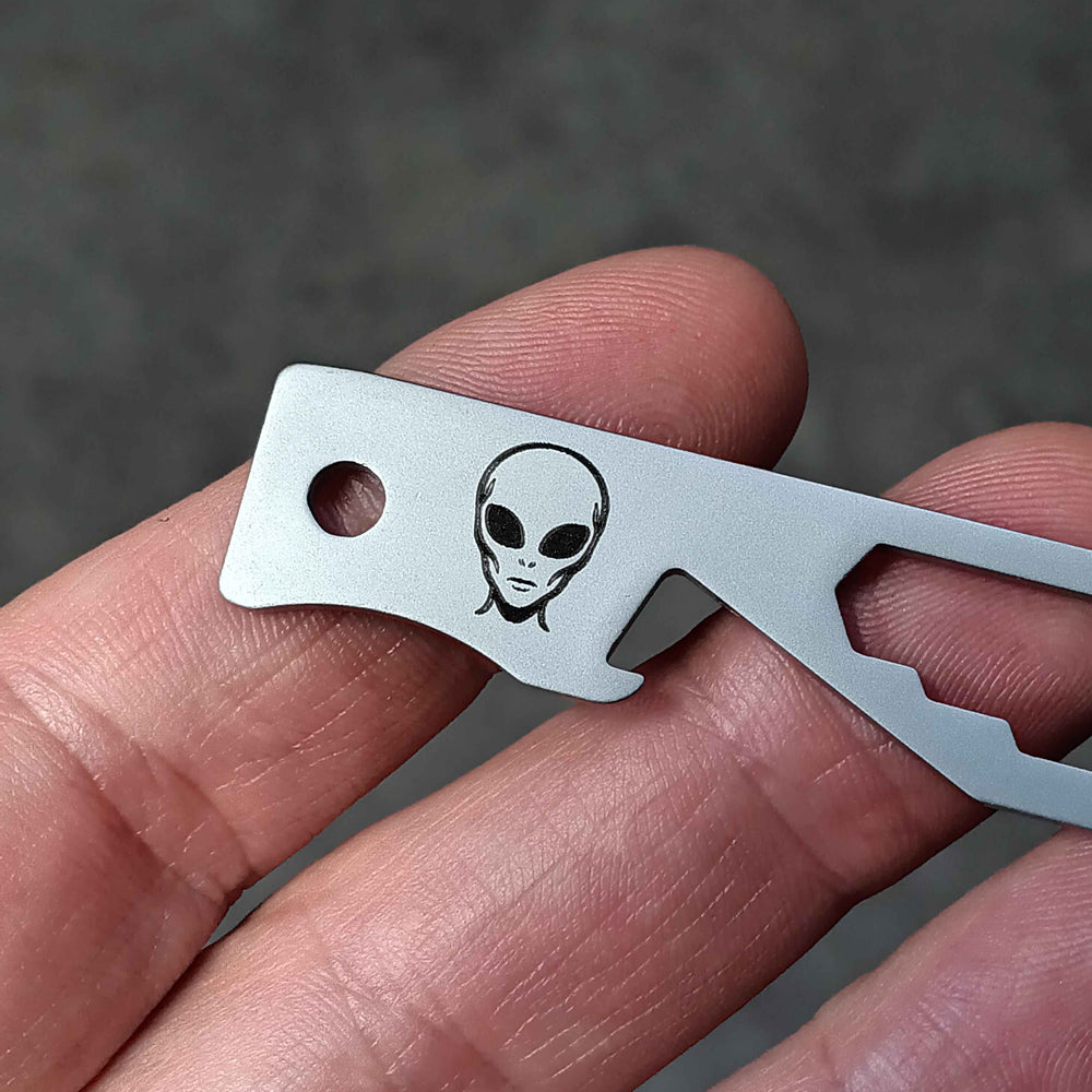Custom engraved black on silver alien head MOCA 10-in-1 keychain multi-tool
