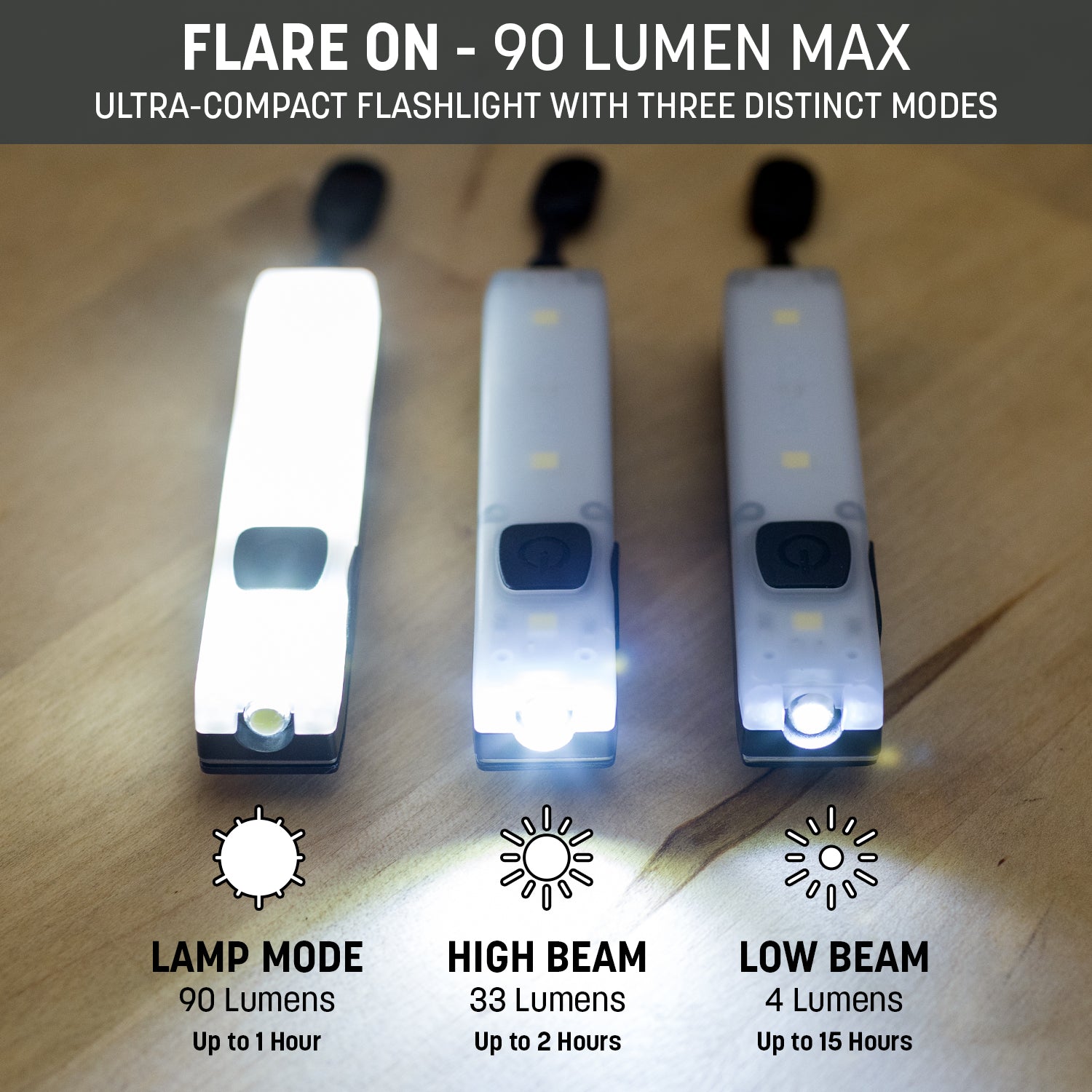 The Keyport Pocket Flare 2.0 Mini-Flashlight Module has 3 modes - lamp mode / high beam / low beam