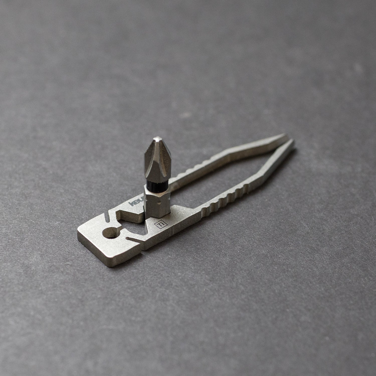 Titanium tweezers holding a Phillips head bit