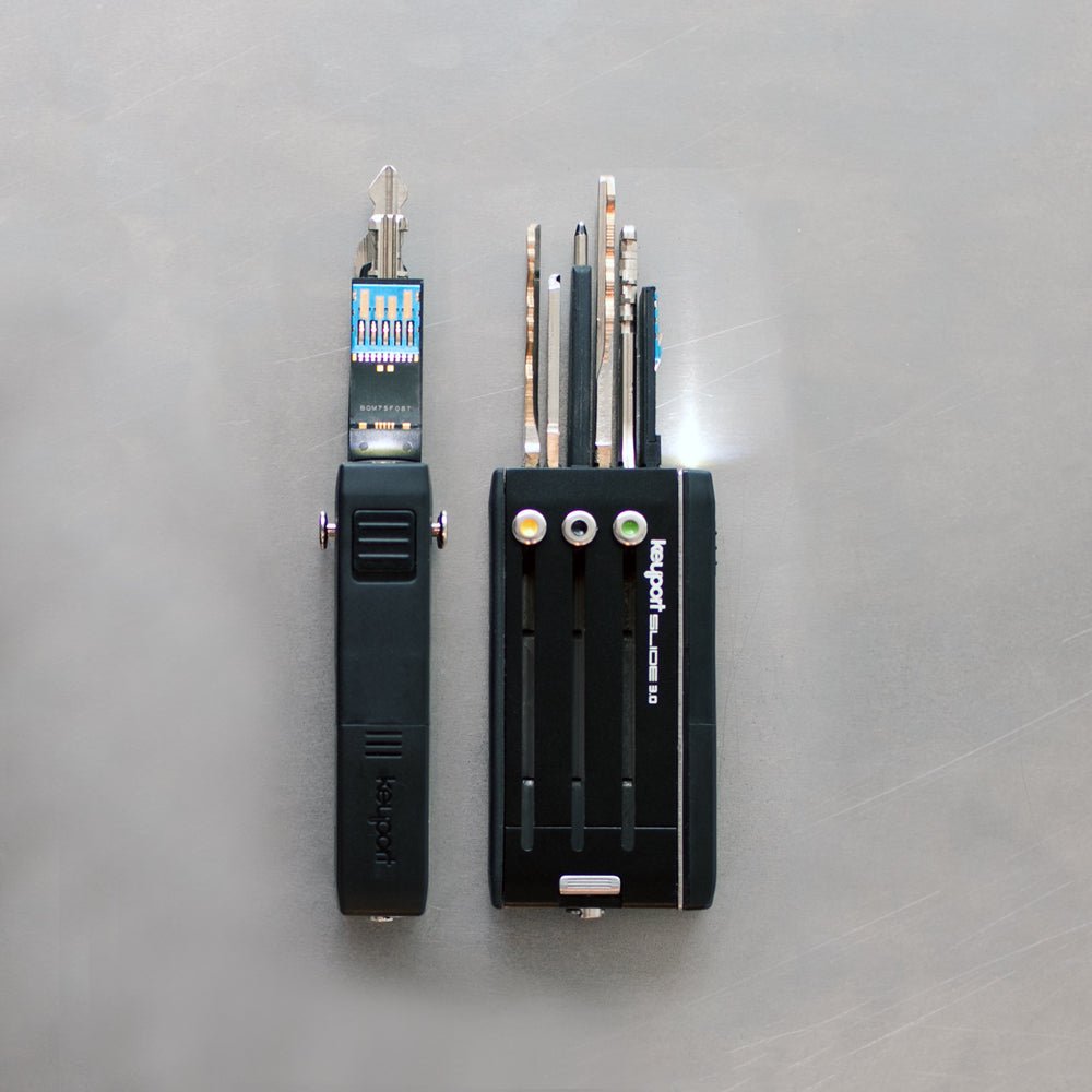 2 black 6-port Keyport Slide 3.0 key organizers with keys and tools deployed