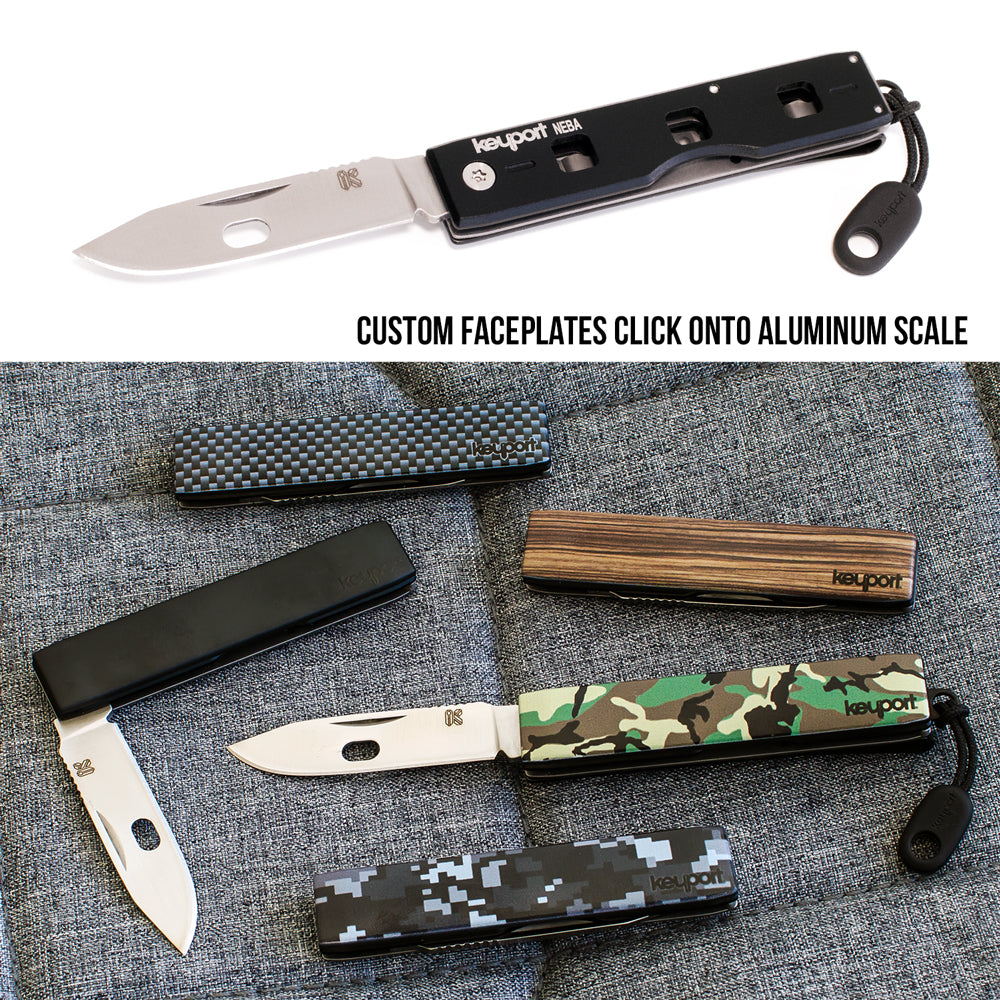 Personalize your NEBA Knife with custom printed Keyport Faceplates - carbon fiber, all black, zebra wood, woodland camo, and digital camo