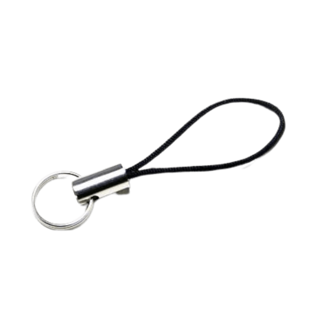 Black cord loop lanyard with a metal crimp and small split ring