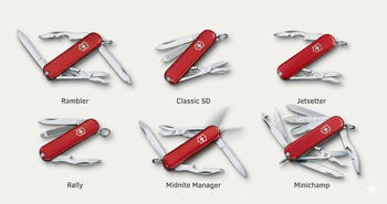 6 of the most popular 58mm Swiss Army Knife models compared: Classic SD, Rally, Jetsetter, Rambler, Midnite Manager, and MiniChamp.