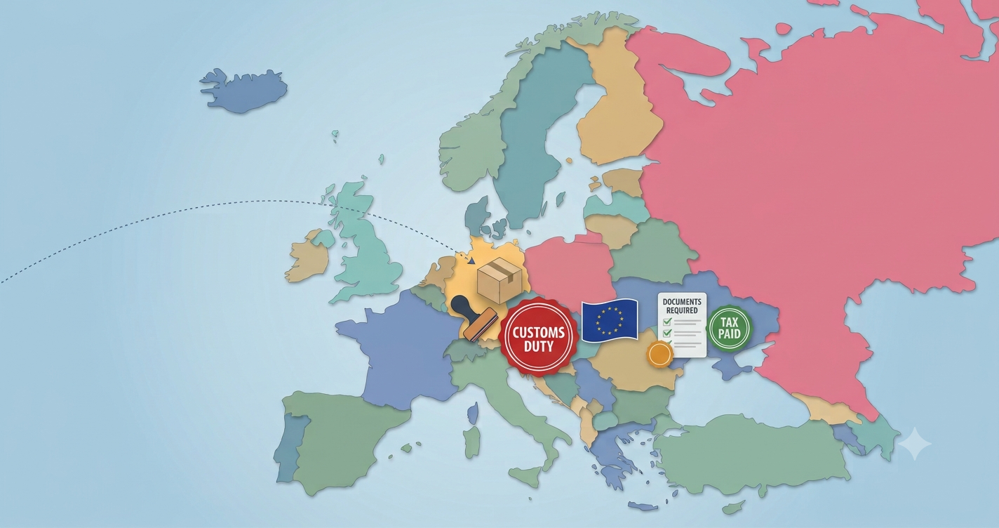Illustrated map of Europe showing an incoming shipment with customs duty, tax paid, and documents required badges