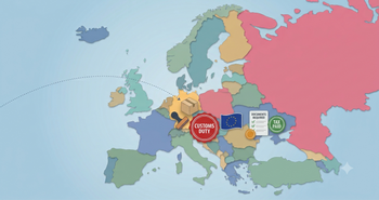 Illustrated map of Europe showing an incoming shipment with customs duty, tax paid, and documents required badges