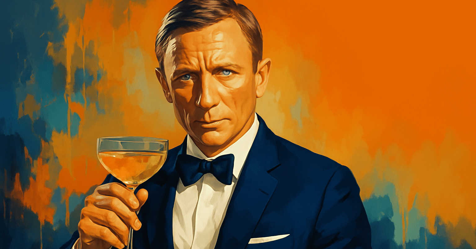 Stylized portrait of a modern James Bond in a tuxedo holding a champagne glass, set against a bold abstract background – header image for blog post on 007-inspired everyday carry gear in 2025.