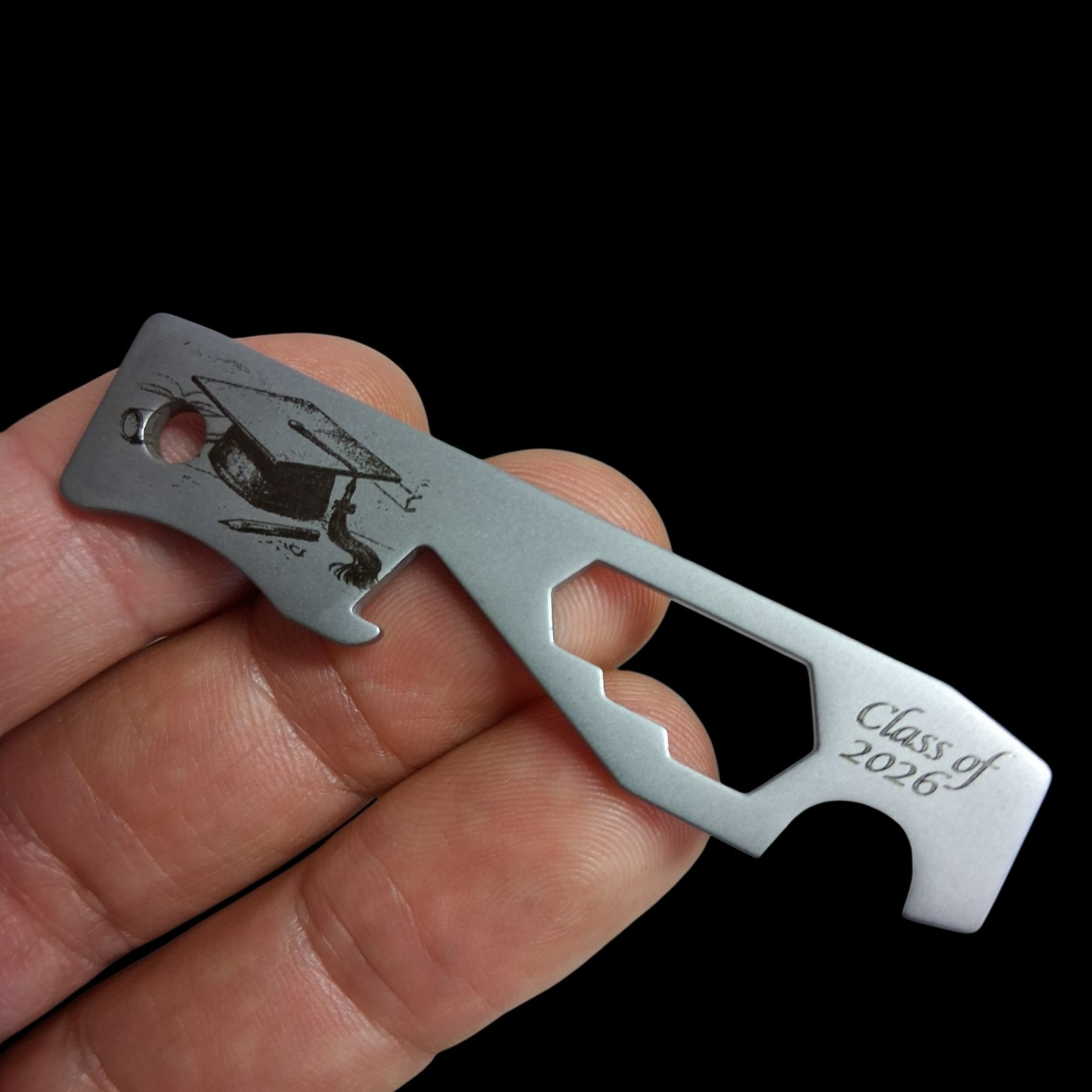 Custom engraved black on silver Class of 2026 MOCA 10-in-1 keychain multi-tool