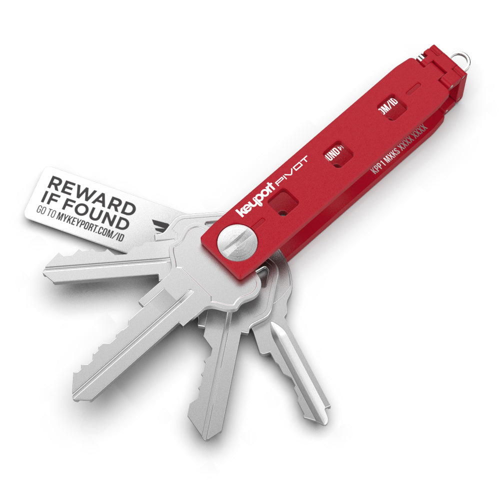 Red Keyport Pivot key organizer keychain with KeyportID lost & found and 4 keys