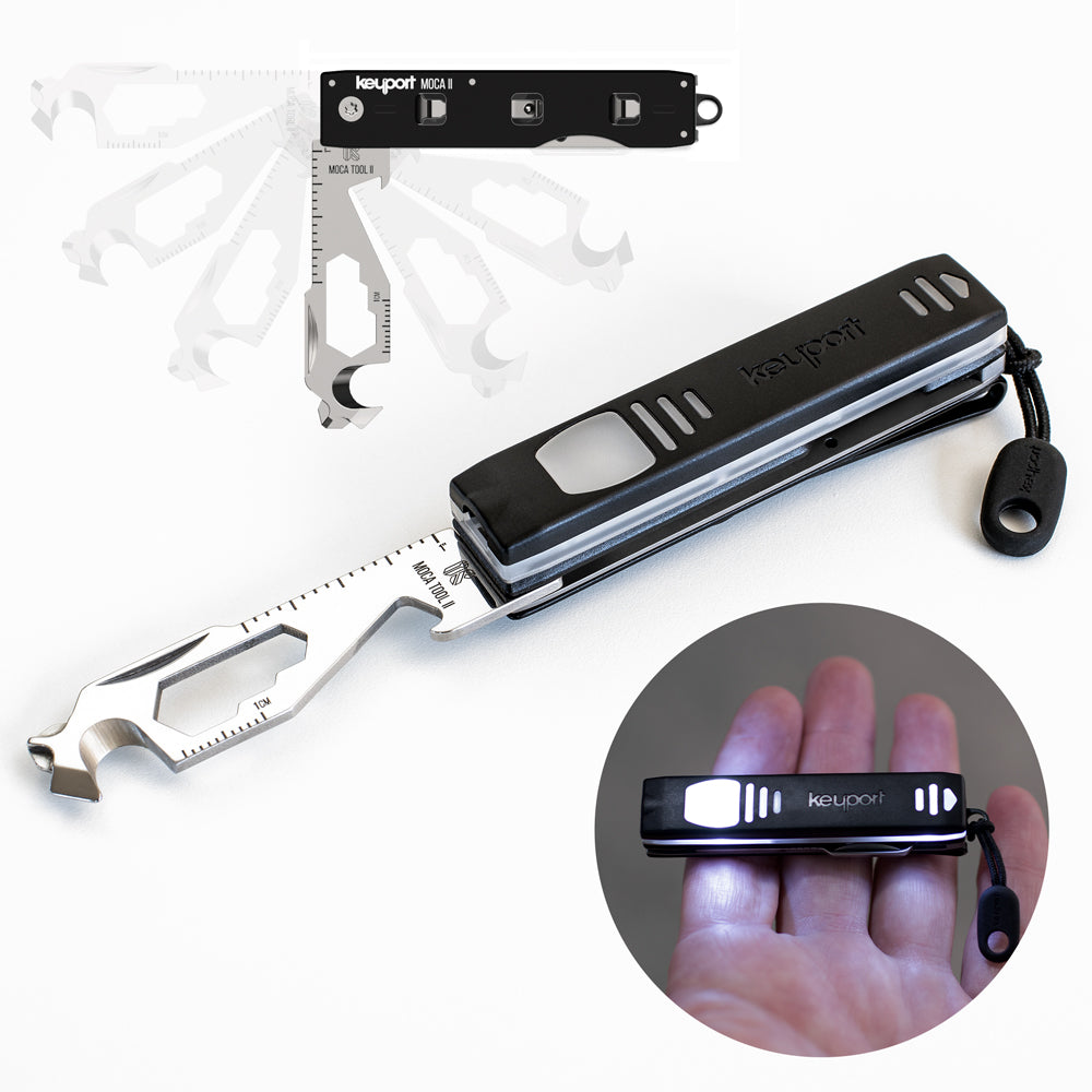 Anywhere Tools Utility Bundle keychain multi-tool includes MOCA 11-In-1 Module, Pocket Flare Module, Pocket Clip, and ParaPull
