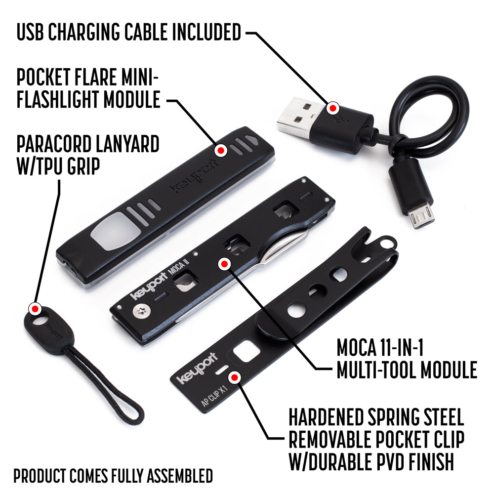 Keyport Utility Bundle keychain multi-tool includes Pocket Flare mini-flashlight with USB Micro cable, MOCA 11-in-1 key tool, Pocket Clip, and ParaPull