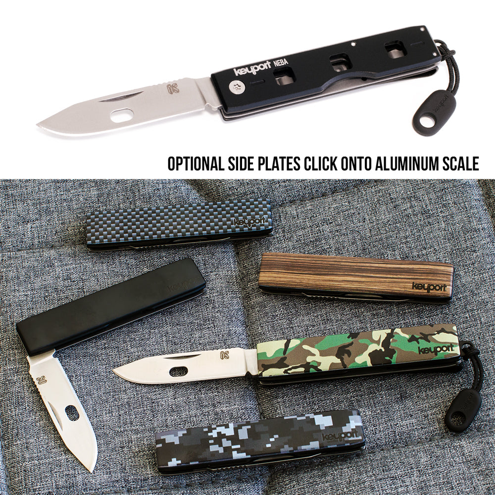 Keyport NEBA Knife Module with custom faceplates - carbon fiber, all black, zebra wood, woodland camo, and digital camo