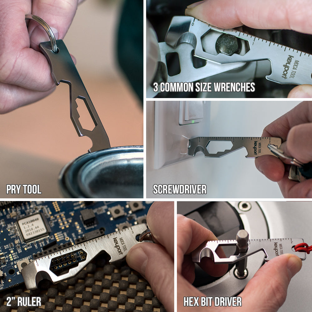 Travel-friendly Keyport MOCA 10-in-1 key tool includes a pry tool, 3 common size wrenches, flathead screwdriver, 2" ruler, and hex bit driver