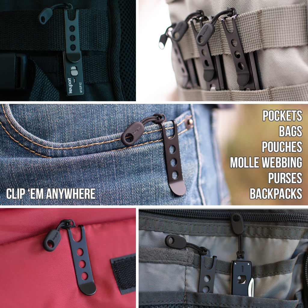 Keyport Anywhere Tools can be clipped onto virtually anything - pockets, bags, backpacks, molle webbing, and purses