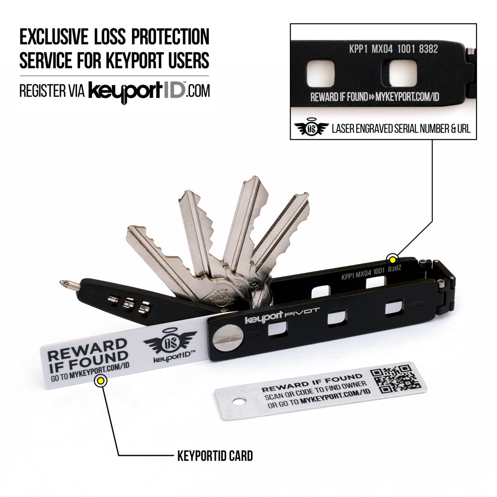 Keyport Pivot key organizer keychain comes with a FREE 2-year subscription to KeyportID lost & found program
