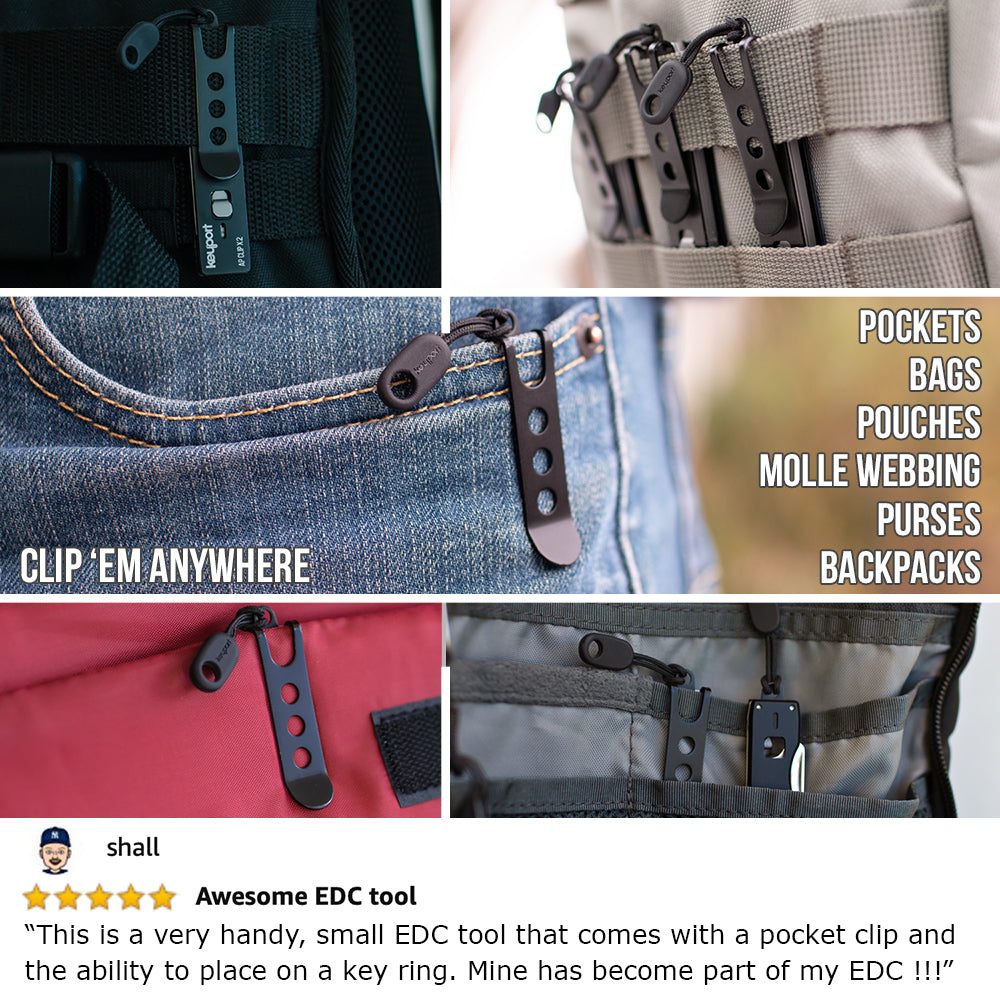 Anywhere Tools EDC system can be clipped to a backpack, bag, molle system, pocket, purse, or just about anywhere