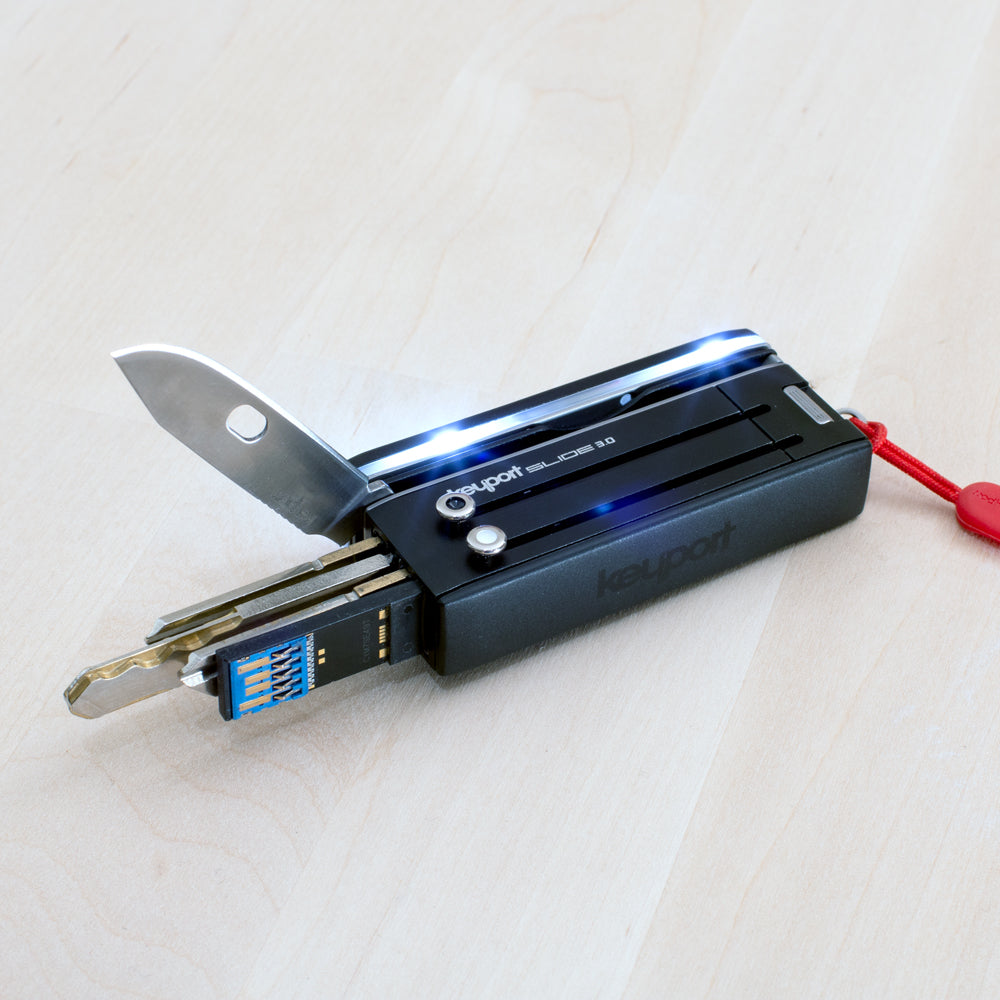 Black 4-port modular Keyport Slide 3.0 with NEBA Knife, Pocket Flare, USB 3.0 flash drive, plus 3 keys